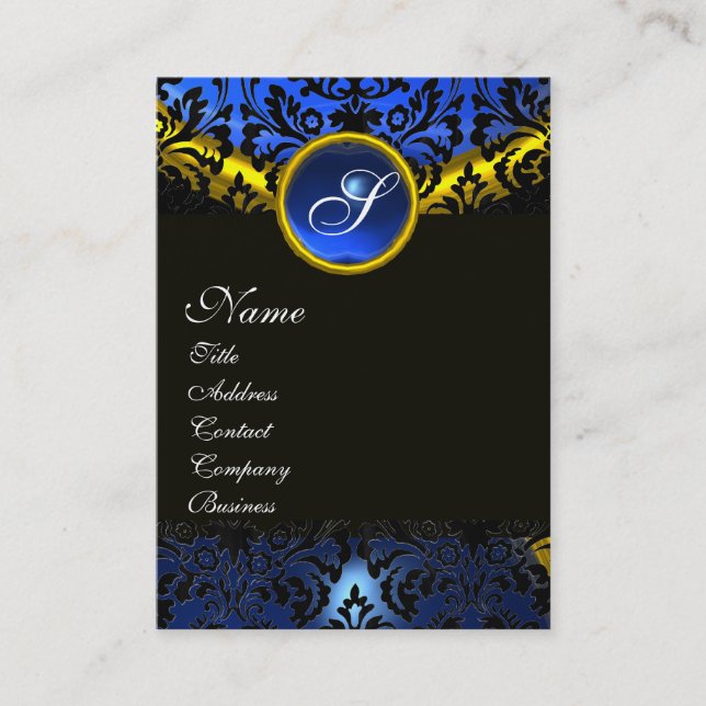 GOLD YELLOW BLACK BLUE SAPPHIRE DAMASK MONOGRAM BUSINESS CARD (Front)