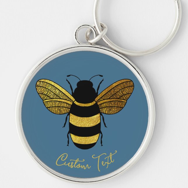 GOLD YELLOW BLACK BUMBLEBEE CALLIGRAPHY TEXT BEE  KEY RING (Front)