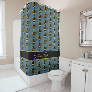 GOLD YELLOW BLACK BUMBLEBEE PATTERN TEXT BEES BLUE SHOWER CURTAIN