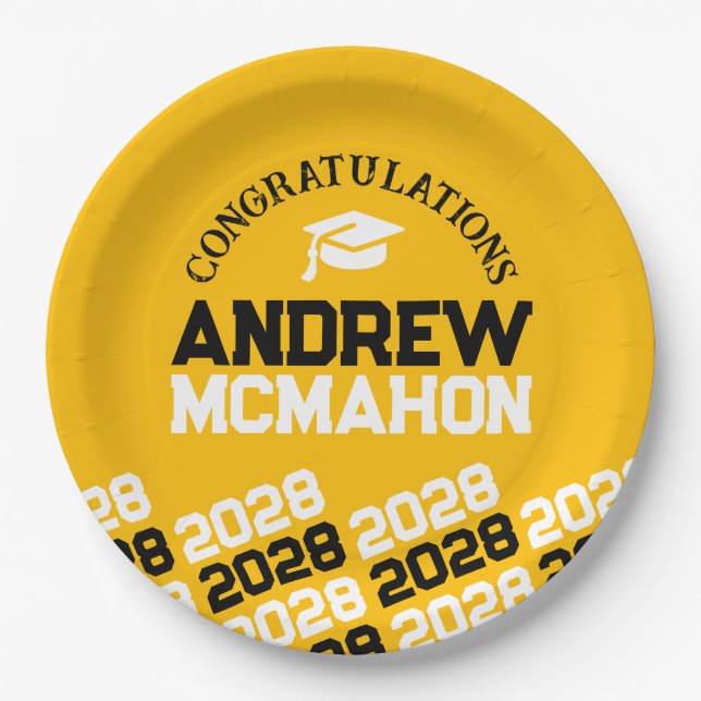 Gold Yellow & Black Half Repeat Grad Personalised Paper Plate (Front)
