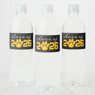 Gold Yellow & Black Paw Print Graduation Water Bottle Label