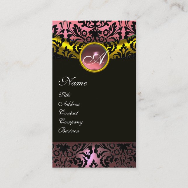 GOLD YELLOW BLACK PINK AMETHYST DAMASK MONOGRAM BUSINESS CARD (Front)