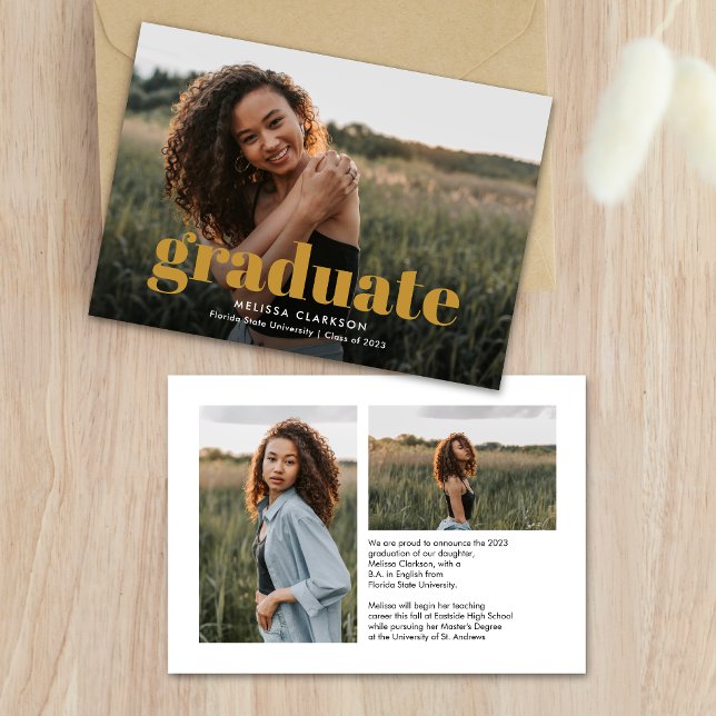 Gold Yellow Bold Typography Three Photo Graduation Announcement (Creator Uploaded)