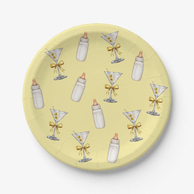Gold Yellow Bow Martinis Baby Bottles Baby Shower Paper Plate (Front)