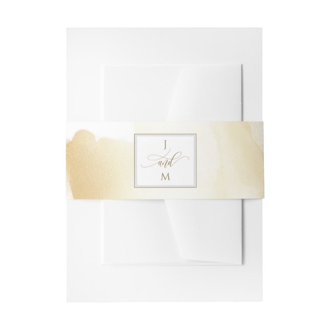 Gold Yellow Brush Strokes Wedding Monogram Invitation Belly Band (Front Example)
