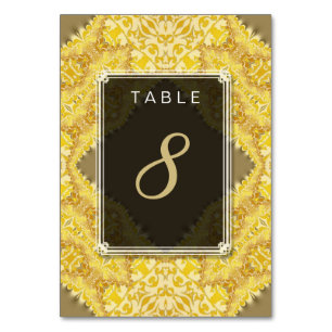 Gold Yellow Damask Wedding Menu+Table Number Card