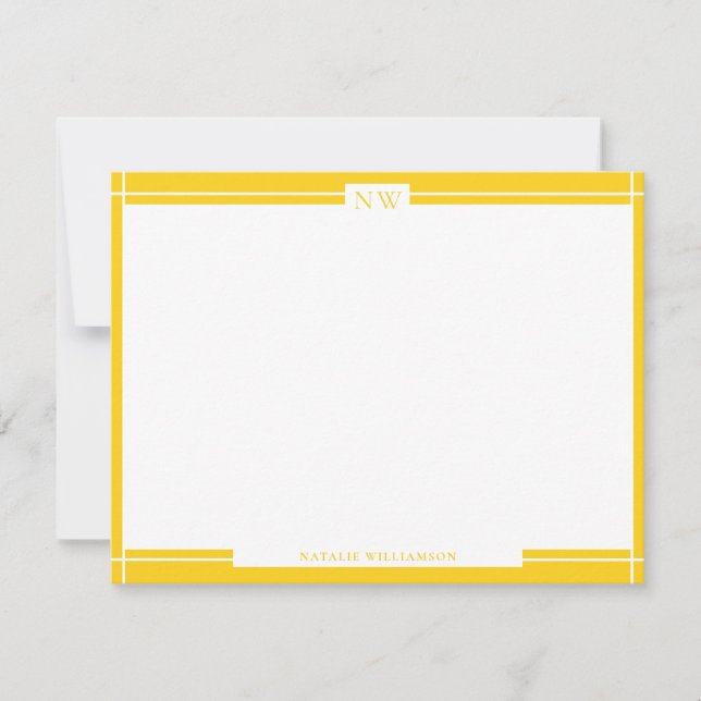Gold Yellow Decorative Border Monogram  Note Card (Front)