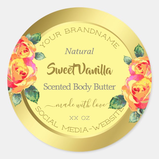 Gold Yellow Elegant Floral Roses Spring Circle  Classic Round Sticker (Front)
