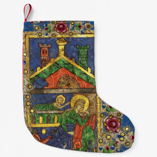 GOLD YELLOW FLORAL, NATIVITY CHRISTMAS PARCHMENT SMALL CHRISTMAS STOCKING
