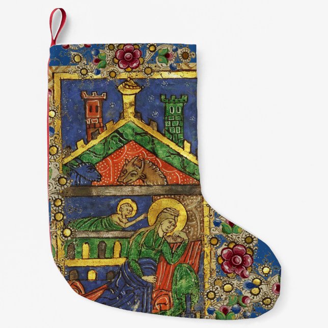 GOLD YELLOW FLORAL, NATIVITY CHRISTMAS PARCHMENT SMALL CHRISTMAS STOCKING (Front)