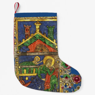 GOLD YELLOW FLORAL, NATIVITY CHRISTMAS PARCHMENT SMALL CHRISTMAS STOCKING