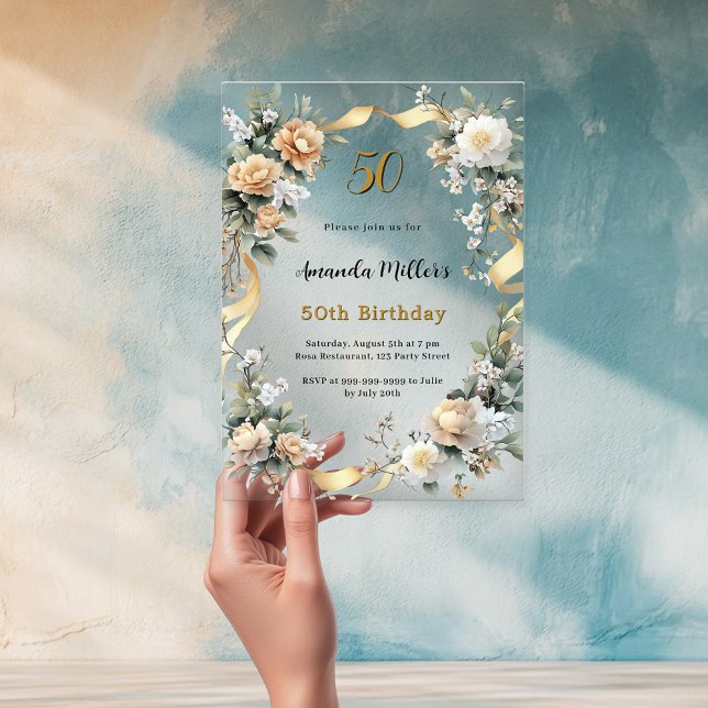 Gold yellow florals ribbon clear birthday acrylic invitations (Creator Uploaded)