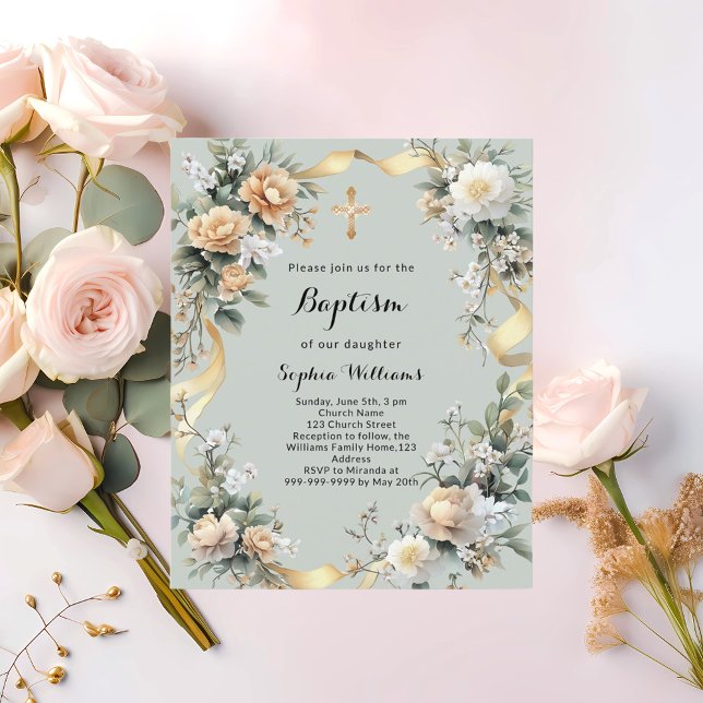 Gold yellow florals sage green baptism invitation (Creator Uploaded)
