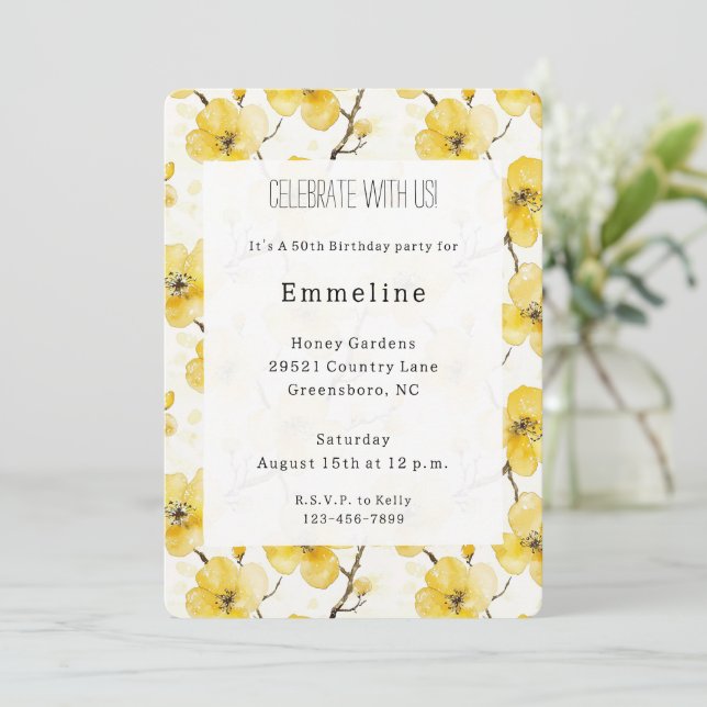 Gold Yellow Flowers Birthday Invitation (Standing Front)