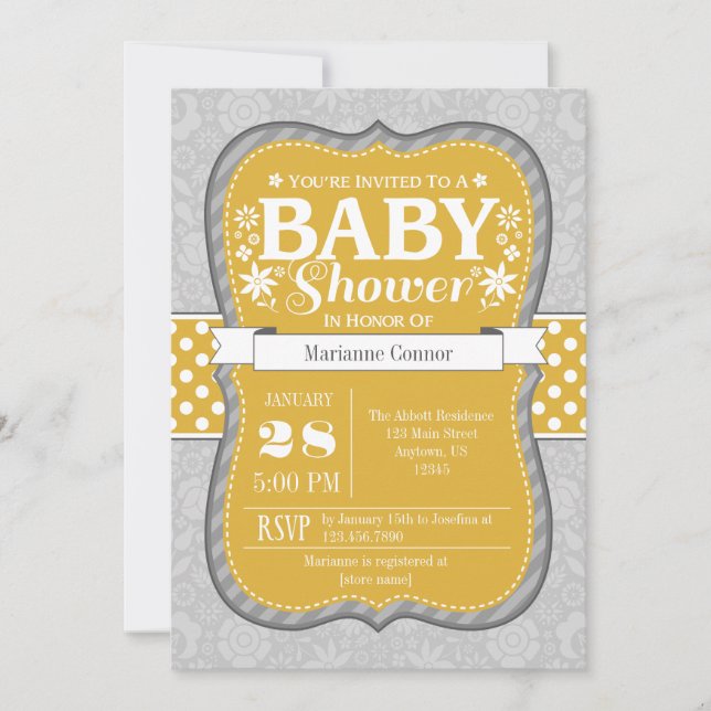 Gold Yellow Grey Floral Flower Baby Shower Invite (Front)