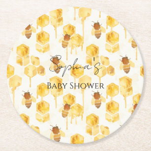 Gold Yellow Honey Bees Baby Shower Round Paper Coaster