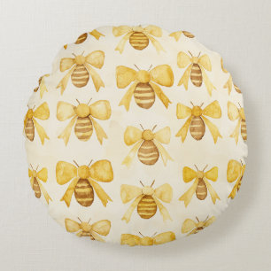 Gold Yellow Honey Bees Honey Combs Round Cushion