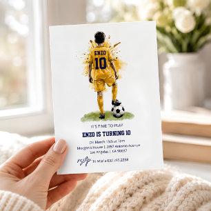 Gold Yellow Jersey Boy Back View Soccer Birthday Invitation