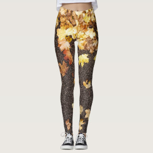 Gold yellow maple leaves autumn asphalt road leggings