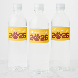 Gold Yellow & Maroon Paw Print Graduation Water Bottle Label
