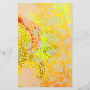 GOLD YELLOW ORANGE ABSTRACT WAVES, FLORAL SWIRLS STATIONERY
