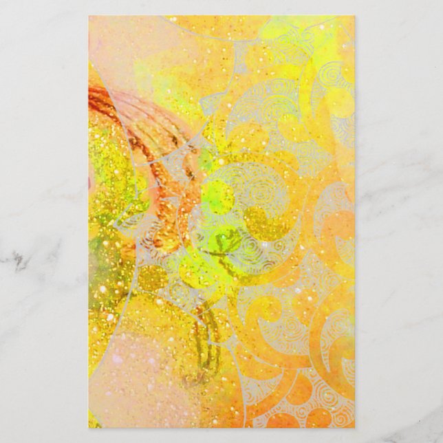 GOLD YELLOW ORANGE ABSTRACT WAVES, FLORAL SWIRLS STATIONERY (Front)