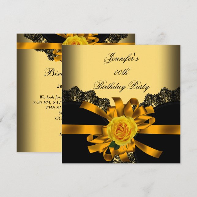 Gold Yellow Rose Black Lace Birthday Party Invitation (Front/Back)
