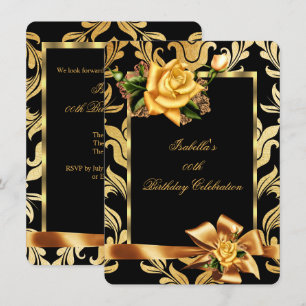 Gold Yellow Rose Bow Black Damask Birthday Party Invitation