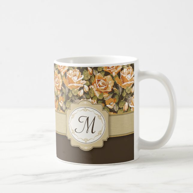 Gold Yellow Roses on Brown with Monogram Coffee Mug (Right)