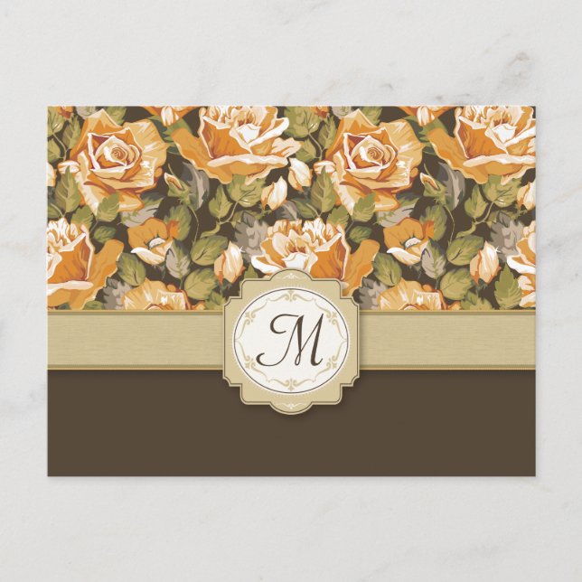 Gold Yellow Roses on Brown with Monogram Postcard (Front)