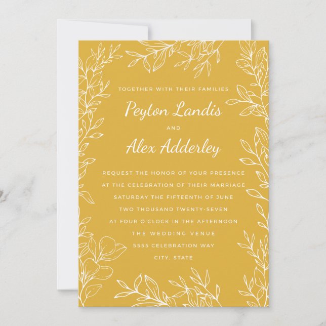 Gold Yellow White Botanical Line Art Wedding Invitation (Front)
