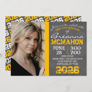 Gold Yellow & White Chalkboard Graduation Photo Invitation
