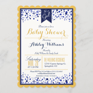 Gold Yellow, White, & Navy Blue Baby Shower Invitation