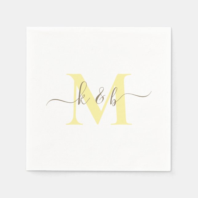 Gold & YellowMonogram Swash Script White Cocktail  Napkin (Front)
