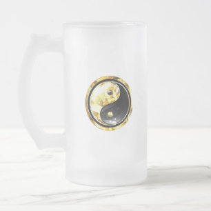 Gold Yin Yang on black Frosted Glass Beer Mug