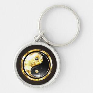 Gold Yin Yang on black Key Ring