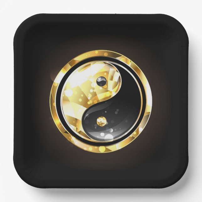 Gold Yin Yang on black Paper Plate (Front)