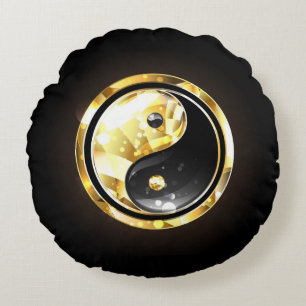 Gold Yin Yang on black Round Cushion