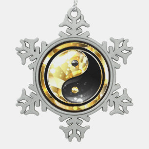 Gold Yin Yang on black Snowflake Pewter Christmas Ornament