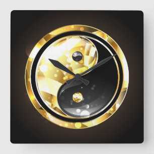 Gold Yin Yang on black Square Wall Clock