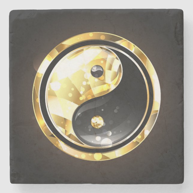 Gold Yin Yang on black Stone Coaster (Front)