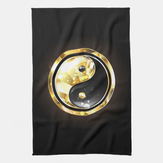 Gold Yin Yang on black Tea Towel (Vertical)