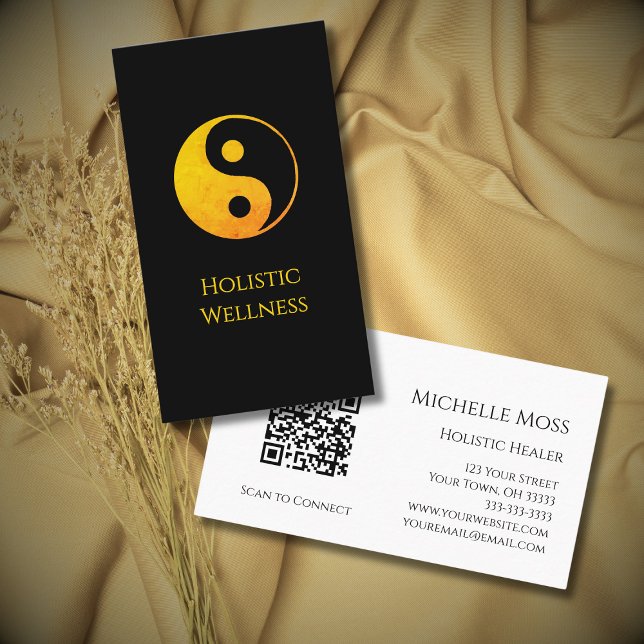 Gold Yin Yang Symbol QR code Holistic Wellness Business Card (Creator Uploaded)