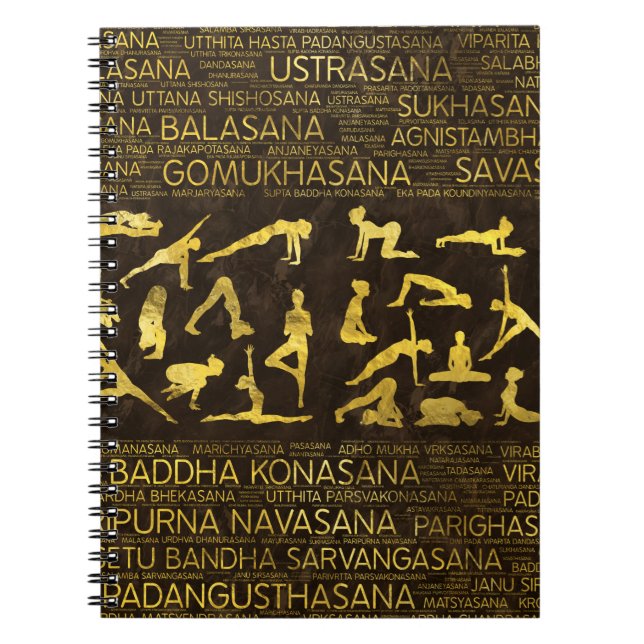 Gold Yoga Asanas / Poses Sanskrit Word Art Notebook (Front)