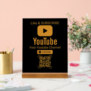 Gold YouTube Subscribe QR Code Black Acrylic Sign
