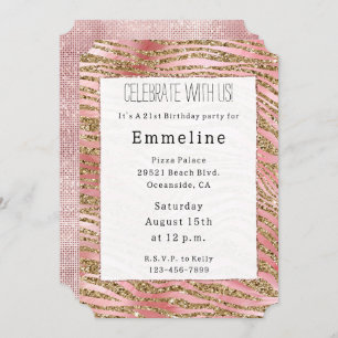Gold Zebra Glitter Pink Fur Invitation