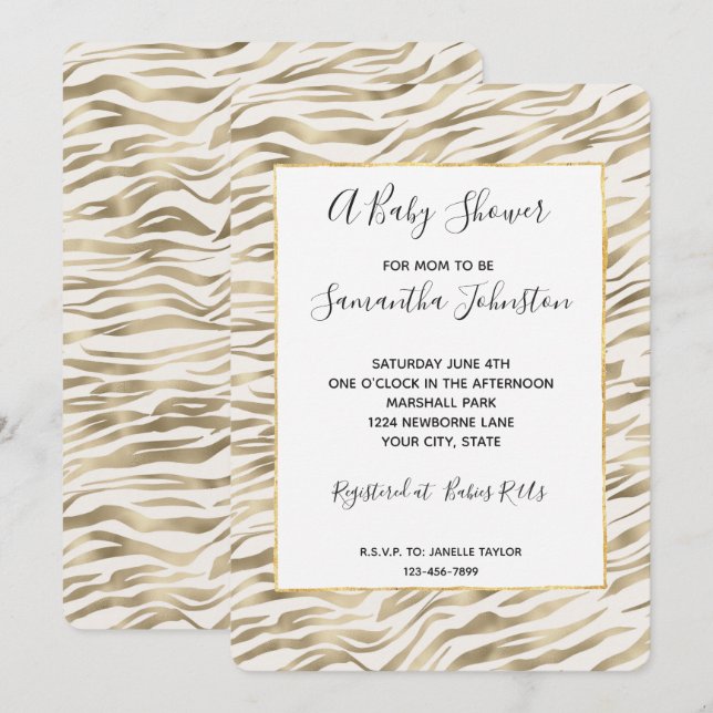 Gold Zebra Print Baby Shower Invitation (Front/Back)