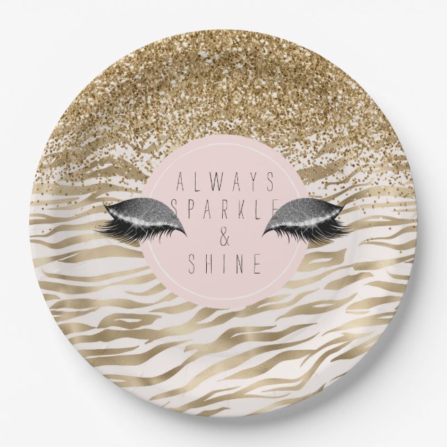 Gold Zebra Print Glitzy Eyes Paper Plate (Front)