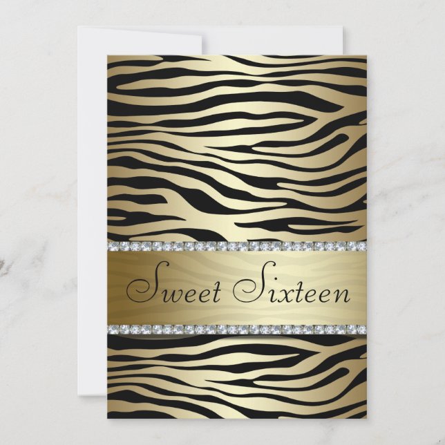 Gold Zebra Print with Faux Jewels Sweet Sixteen Invitation (Front)