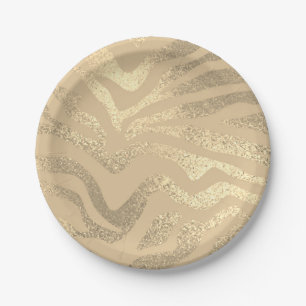Gold zebra striped animal print metallic look paper plate